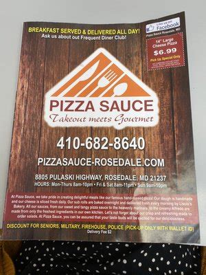 Pizza sauce rosedale - Beverages. Pepsi products. Prices on this menu are set directly by the Merchant. Prices may differ between Delivery and Pickup. Pizza delivered from Pizza Sauce Rosedale at 8805 Pulaski Hwy, Baltimore, MD 21237, USA. Get delivery or takeout from Pizza Sauce Rosedale at 8805 Pulaski Highway in Baltimore. Order …